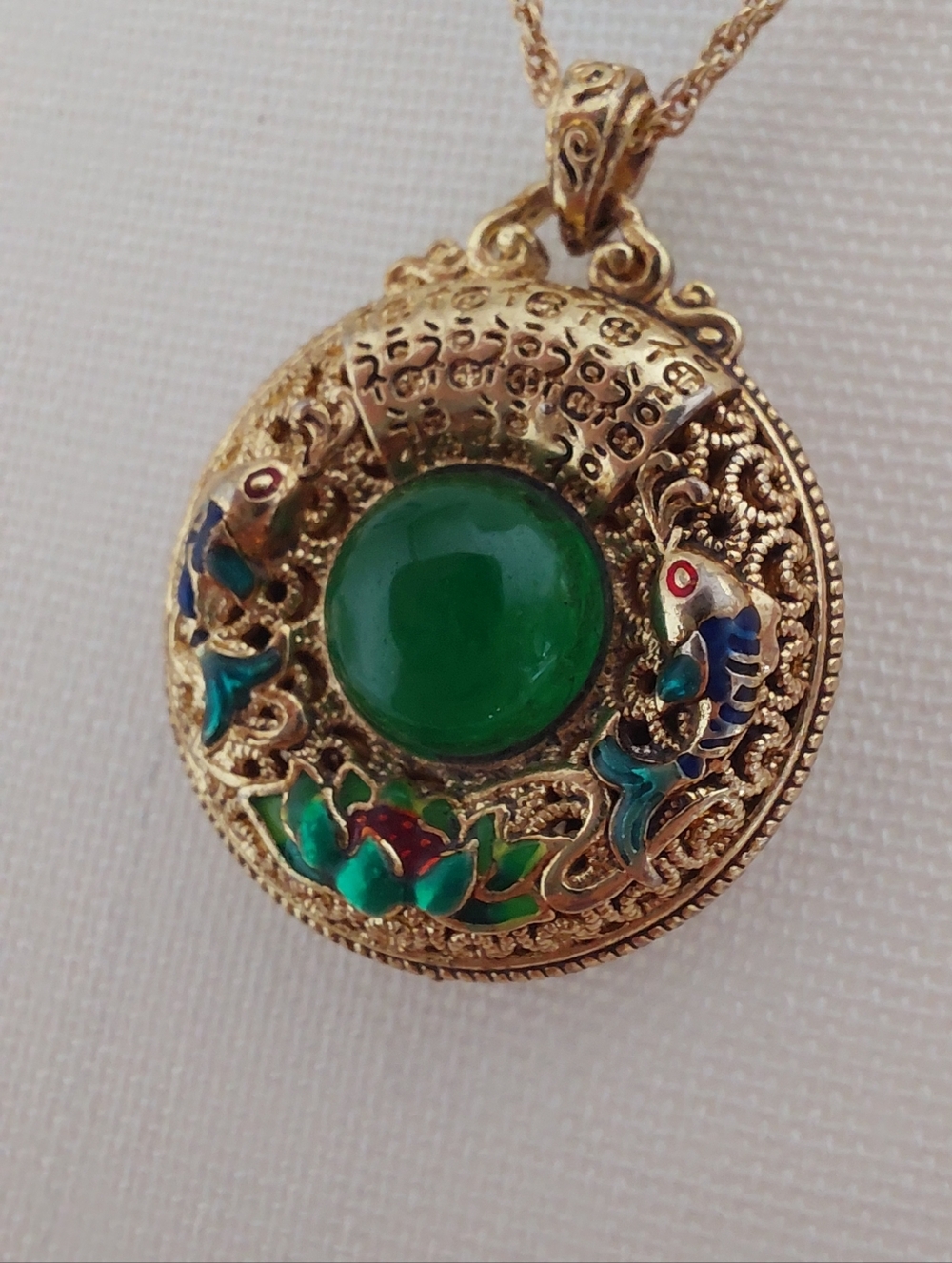 Lotus & Koi Fish Green Cabochon Pendant Necklace Balance & Harmony Zen Goldtone
